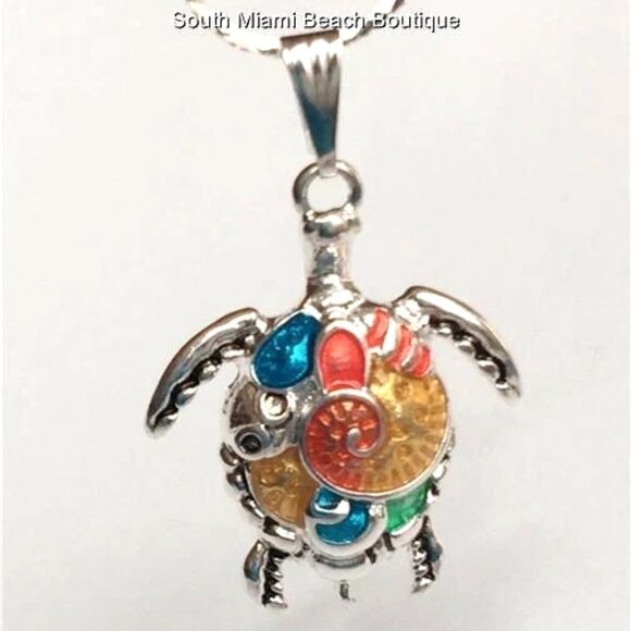 Silver Sea Turtle Necklace 18" Multicolor Colorful Enamel Nautical Island Beach - Picture 5 of 10